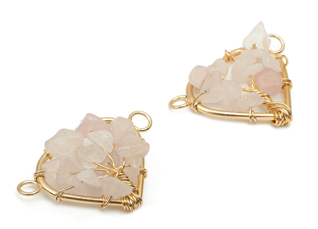 Rose Quartz Heart Connectors - Brass Wire Wrapped Tree of Life Charms - Natural Stones Chips - Gold Tone Plated Brass – 31x24x8mm – NS1740C - DOMEDBAZAAR