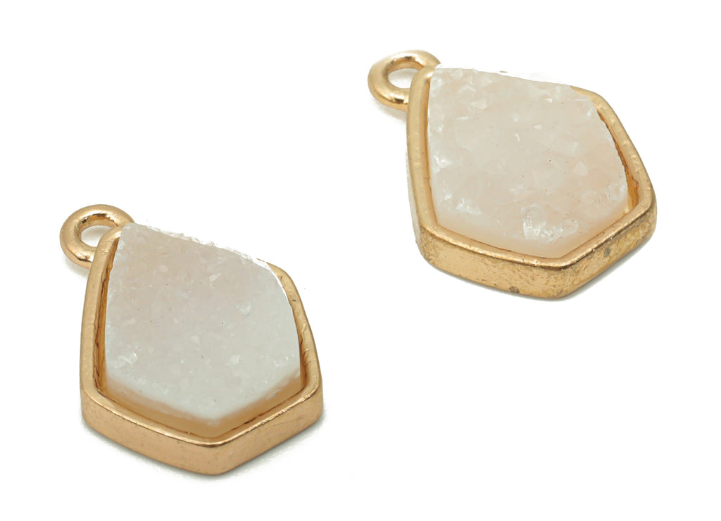 Pink Quartz Crystal Earring Charms - Brass Diamond Drop Pendant - Natural Stone - Gold Tone Plated Brass –  15.56x10.33x4.21mm – NS1748 - DOMEDBAZAAR