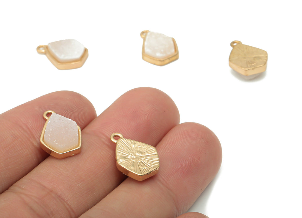 Pink Quartz Crystal Earring Charms - Brass Diamond Drop Pendant - Natural Stone - Gold Tone Plated Brass –  15.56x10.33x4.21mm – NS1748 - DOMEDBAZAAR