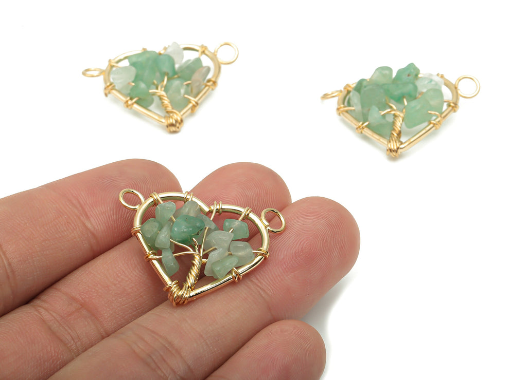 Aventurine Heart Connectors - Brass Wire Wrapped Tree of Life Charms - Natural Stones Chips - Gold Tone Plated Brass – 31x24x8mm – NS1740D - DOMEDBAZAAR