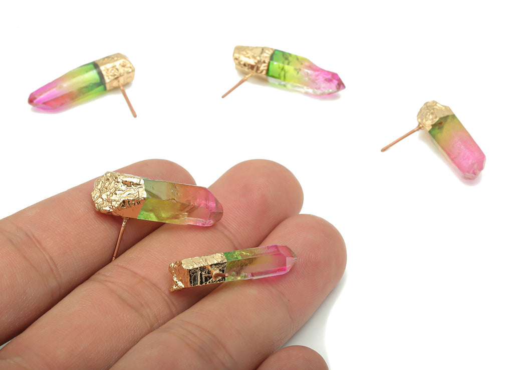 Rainbow Aura Quartz Crystal Earring Stud - Natural Stone Earring Post -  Gold Tone Plated Stone – Stainless Steel Stud - 24x7x6mm –NS1742B - DOMEDBAZAAR