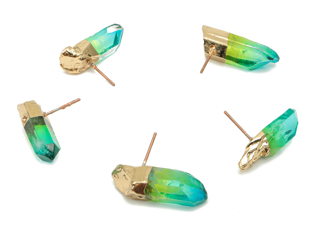 Green Aura Quartz Crystal Earring Stud - Natural Stone Earring Post -  Gold Tone Plated Stone – Stainless Steel Stud - 24x8x8mm – NS1742A - DOMEDBAZAAR