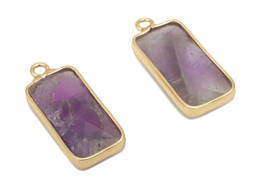 Amethyst Rectangle Earring Charms - Brass Rectangle Pendant - Faceted Natural Stone - Gold Tone Plated Brass – 21.26x9.5x4.35mm – NS1758 - DOMEDBAZAAR