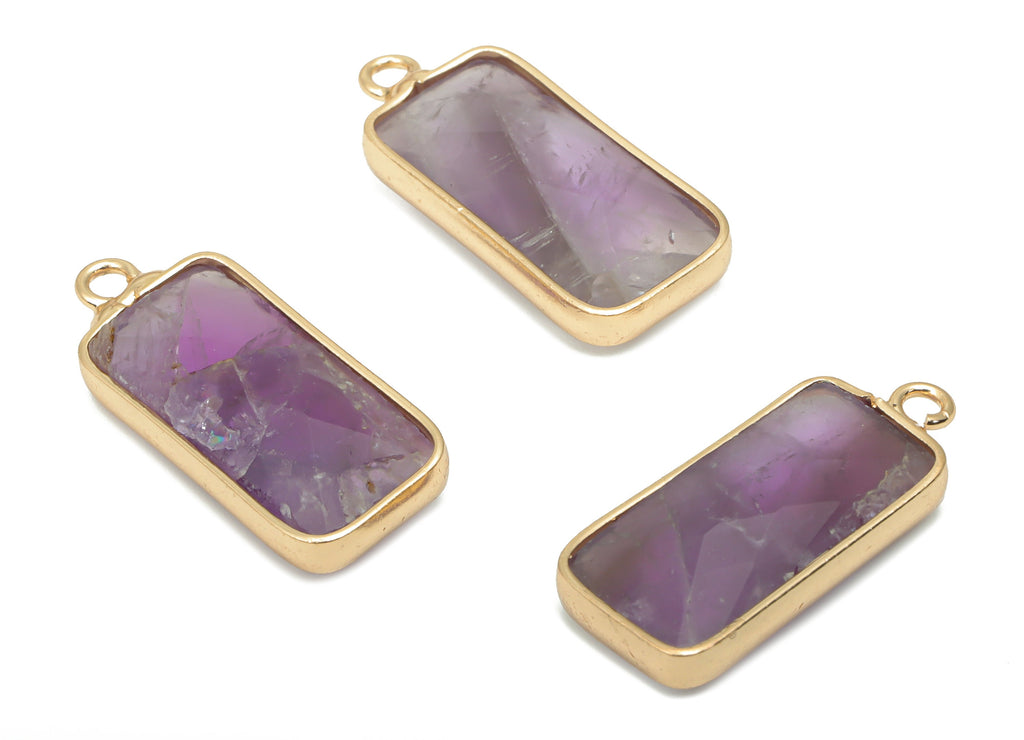Amethyst Rectangle Earring Charms - Brass Rectangle Pendant - Faceted Natural Stone - Gold Tone Plated Brass – 21.26x9.5x4.35mm – NS1758 - DOMEDBAZAAR