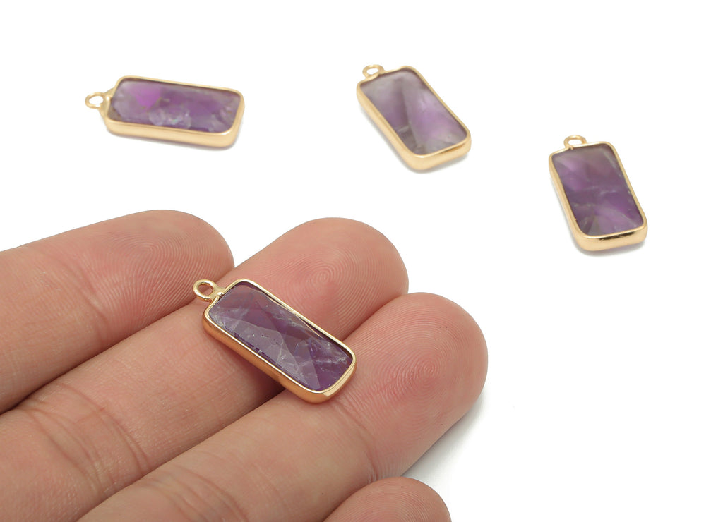 Amethyst Rectangle Earring Charms - Brass Rectangle Pendant - Faceted Natural Stone - Gold Tone Plated Brass – 21.26x9.5x4.35mm – NS1758 - DOMEDBAZAAR