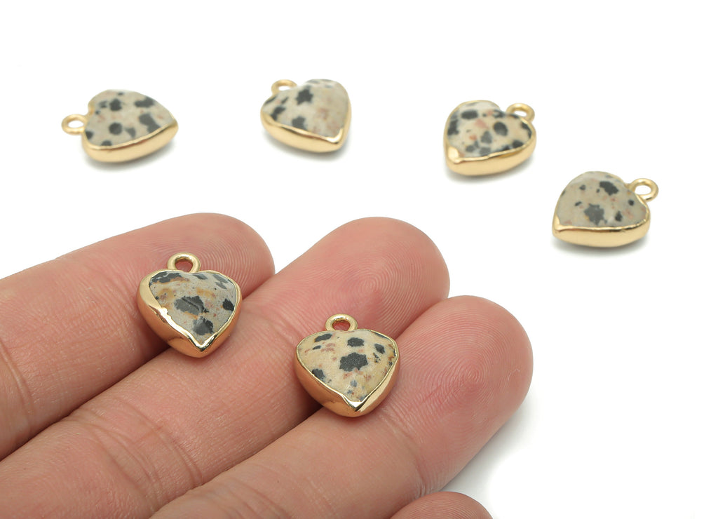 Dalmatian Stone Heart Earring Charms - Brass Wire Heart Pendant - Faceted Natural Stone - Gold Tone Plated Brass – 15.9x12.77x6.6mm– NS1754B - DOMEDBAZAAR