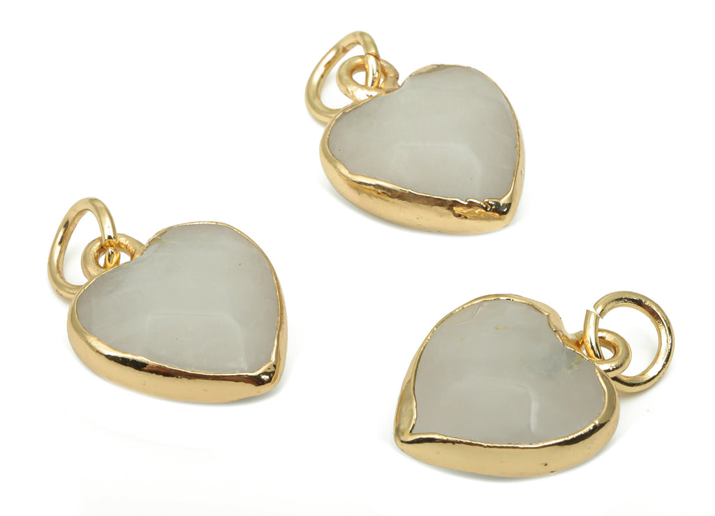 White Jade Heart Earring Charms - Brass Wire Heart Pendant - Faceted Natural Stone - Gold Tone Plated Brass – 15.9x12.77x6.57mm – NS1754C - DOMEDBAZAAR