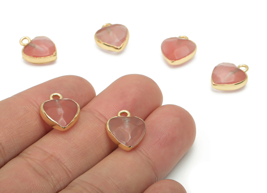 Cherry Quartz Heart Earring Charms - Brass Wire Heart Pendant - Faceted Natural Stone - Gold Tone Plated Brass – 15.9x12.77x6.57mm – NS1754D - DOMEDBAZAAR