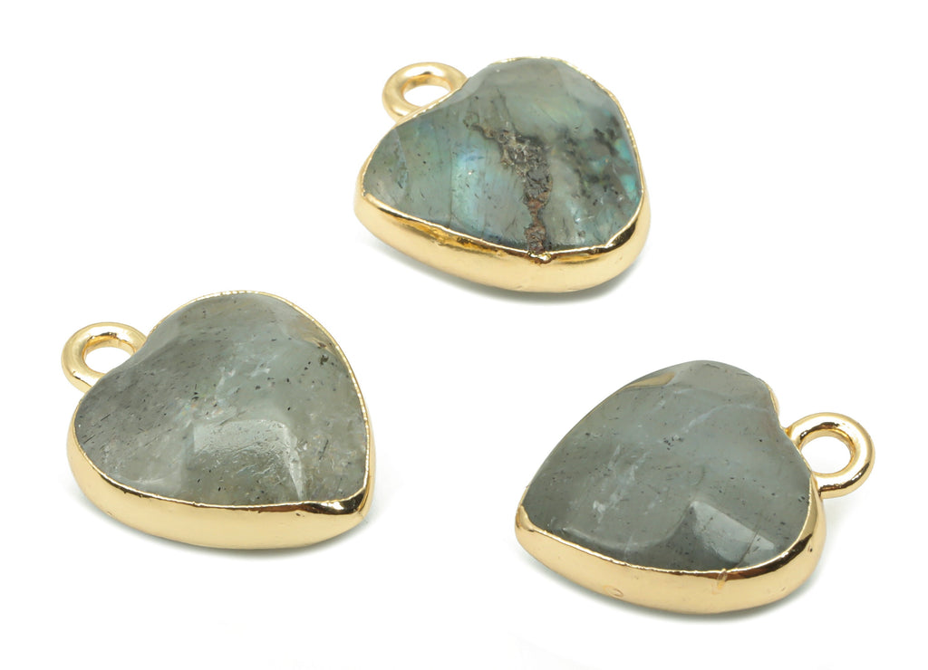 Labradorite Heart Earring Charms - Brass Wire Heart Pendant - Faceted Natural Stone - Gold Tone Plated Brass – 15.9x12.77x6.57mm – NS1754E - DOMEDBAZAAR