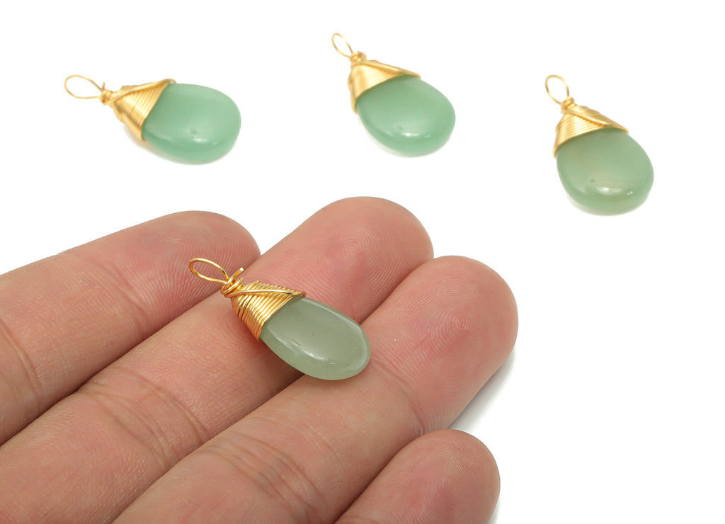Aventurine Drop Earring Charms - Brass Wire Wrapped Teardrop Pendant - Natural Stone - Gold Tone Plated Brass – 24.89x12.7x5.7mm – NS1751A - DOMEDBAZAAR