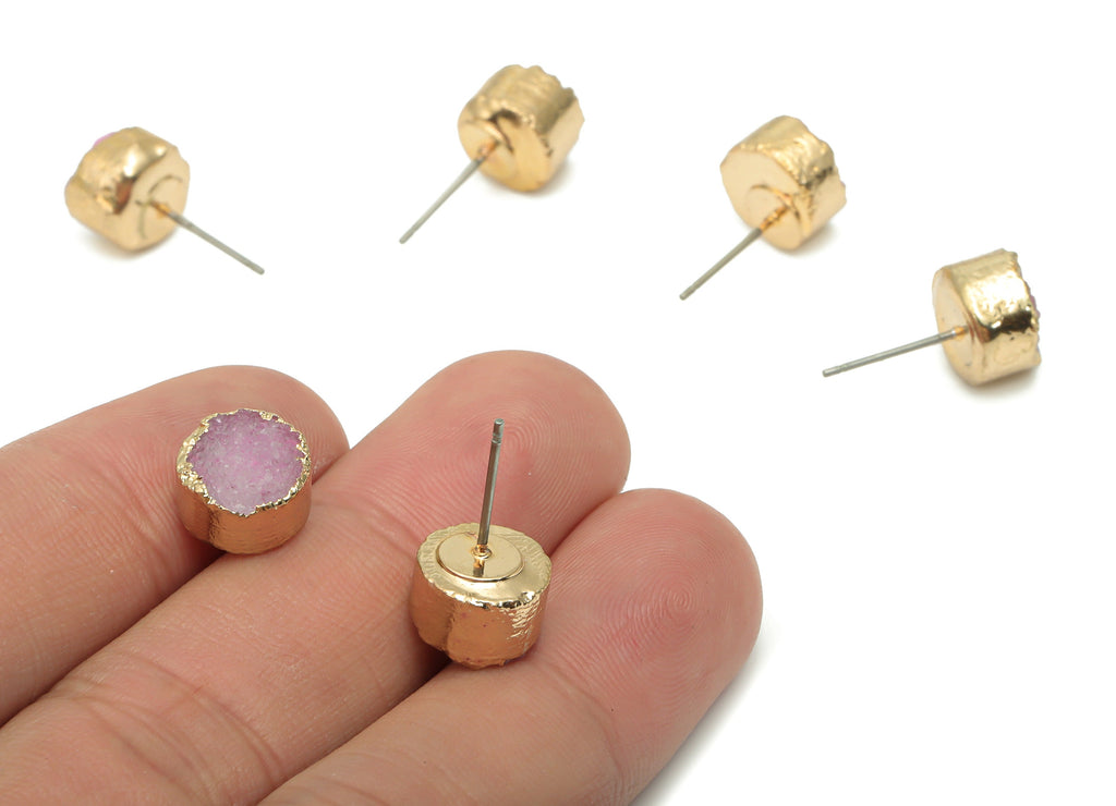 Druzy Puple Quartz Crystal Round Stud - Circle Post - Gold Tone Plated Natural Stone – Stainless Steel Stud - 9.69x9.69x8.4mm – NS1750 - DOMEDBAZAAR