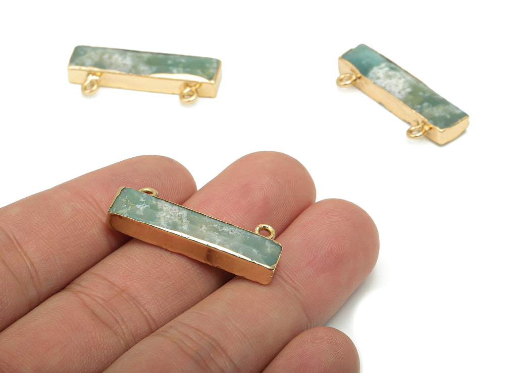 Mossagate Rectangle Bar Connector - Iron Rectangle Charms and Pendant - Natural Stone - Gold Tone Plated Iron – 30.7x11.95x5mm – NS1757A - DOMEDBAZAAR