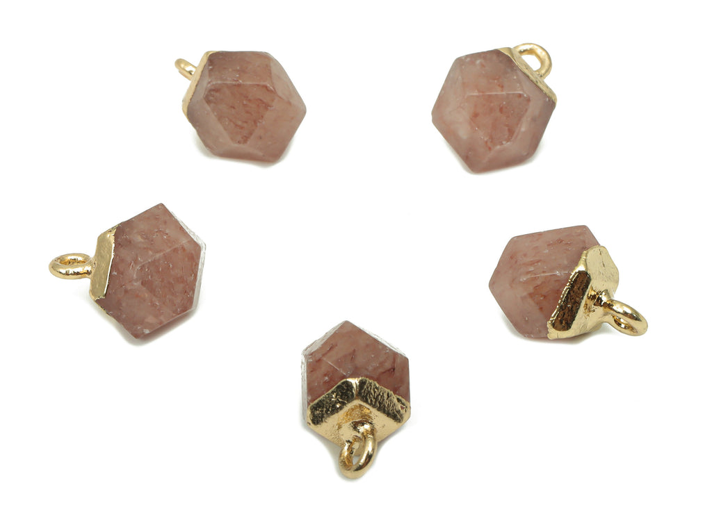 Strawberry Quartz Crystal Hexagon Charms - Iron Hexagon Pendant - Faceted Natural Stone - Gold Tone Plated Iron – 11.56x7.96x7.96mm– NS1849C - DOMEDBAZAAR