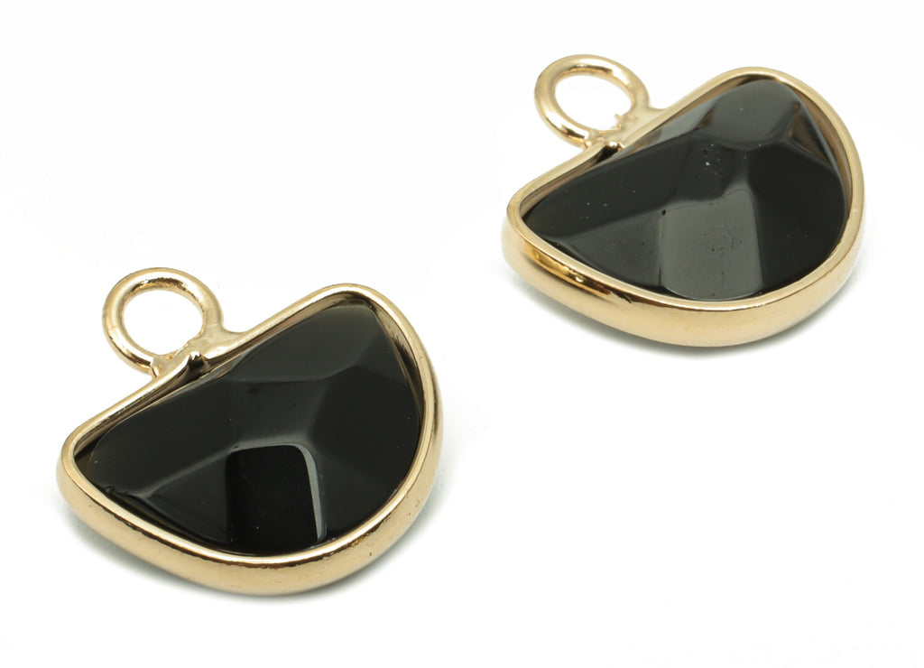Obsidian Domed Earring Charms - Brass Half Moon Domed Pendant - Faceted Natural Stone - Gold Tone Plated Brass – 14.21x13.34x5.1mm – NS1753C - DOMEDBAZAAR