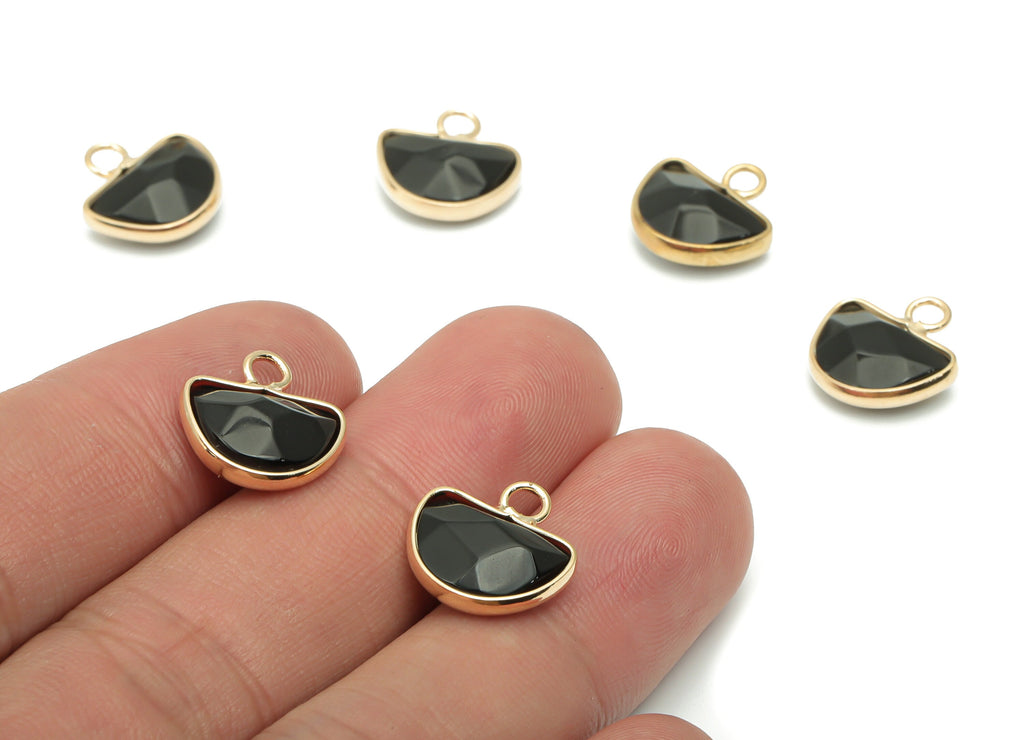 Obsidian Domed Earring Charms - Brass Half Moon Domed Pendant - Faceted Natural Stone - Gold Tone Plated Brass – 14.21x13.34x5.1mm – NS1753C - DOMEDBAZAAR
