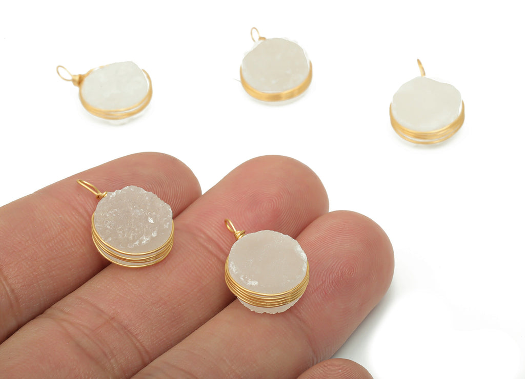 White Druzy Quartz Crystal Charms - Brass Wire Wrapped Round Pendant - Natural Stone - Gold Tone Plated Brass – 18.98x12.78x6.4mm – NS1746 - DOMEDBAZAAR