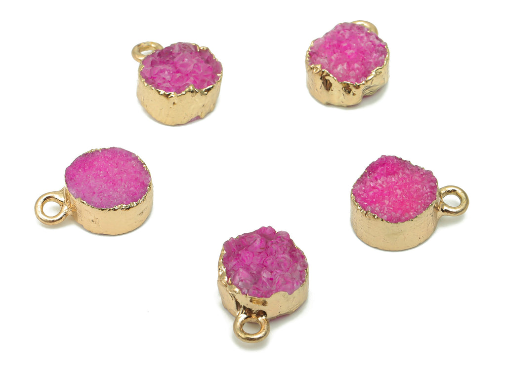Purple Druzy Quartz Crystal Earring Charms - Iron Loop Round Pendant - Natural Stone - Gold Tone Plated Iron – 14.51x10.51x5.47mm – NS1747B - DOMEDBAZAAR