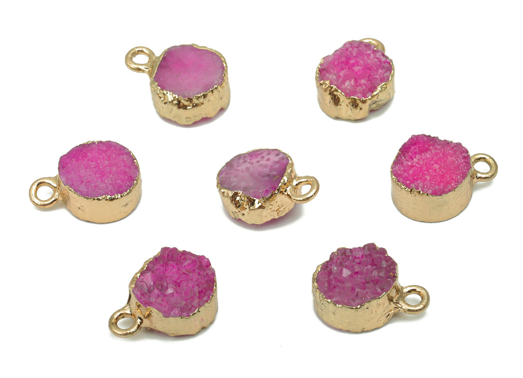 Purple Druzy Quartz Crystal Earring Charms - Iron Loop Round Pendant - Natural Stone - Gold Tone Plated Iron – 14.51x10.51x5.47mm – NS1747B - DOMEDBAZAAR