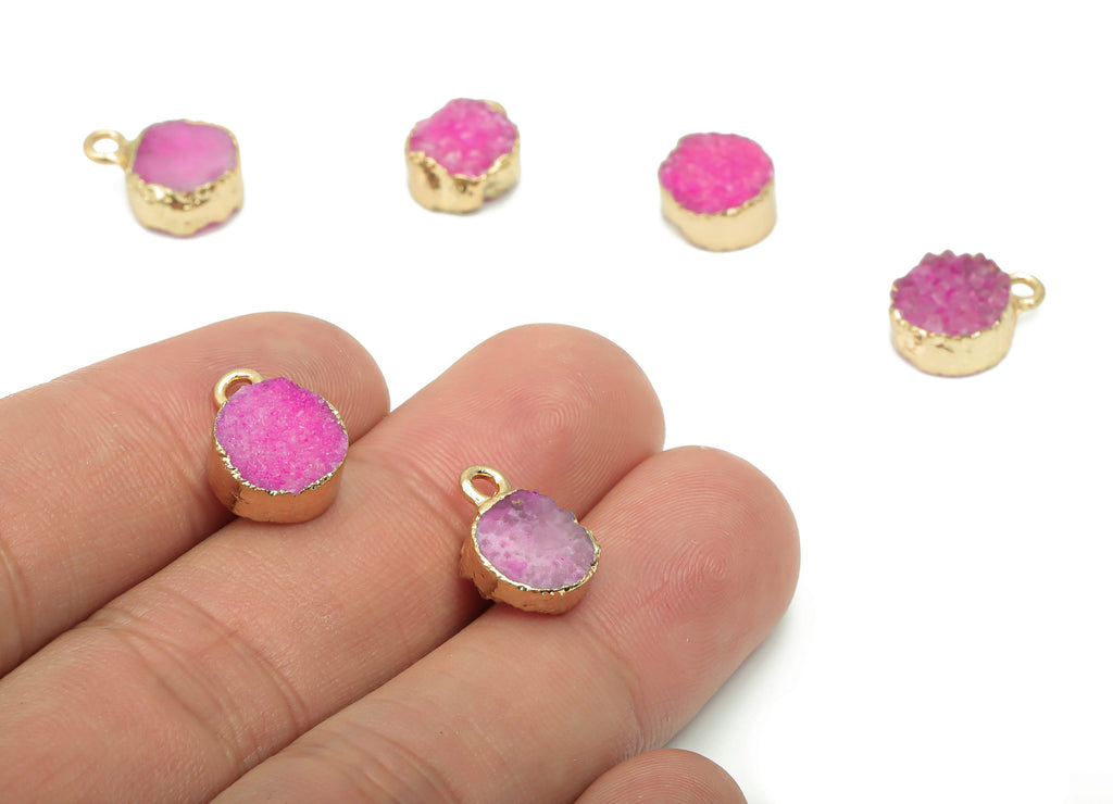 Purple Druzy Quartz Crystal Earring Charms - Iron Loop Round Pendant - Natural Stone - Gold Tone Plated Iron – 14.51x10.51x5.47mm – NS1747B - DOMEDBAZAAR