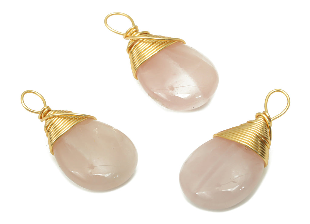 Rose Quartz Crystal Drop Charms - Brass Wire Wrapped Teardrop Pendant - Natural Stone - Gold Tone Plated Brass – 24.89x12.7x5.7mm – NS1751B - DOMEDBAZAAR