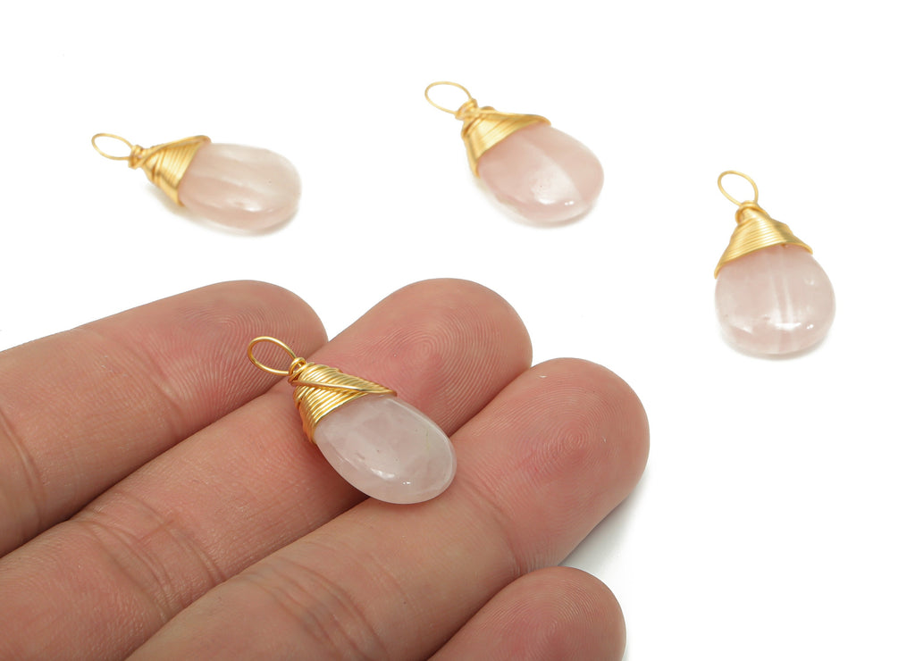 Rose Quartz Crystal Drop Charms - Brass Wire Wrapped Teardrop Pendant - Natural Stone - Gold Tone Plated Brass – 24.89x12.7x5.7mm – NS1751B - DOMEDBAZAAR