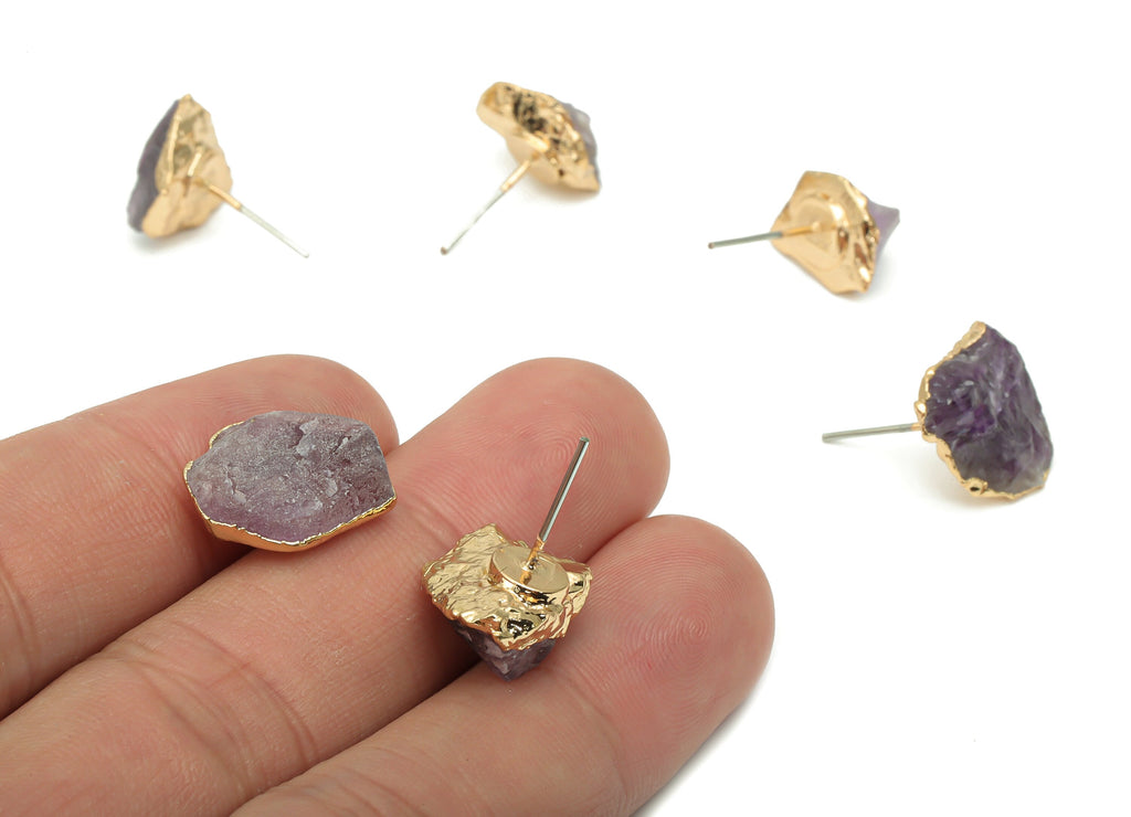 Amethyst Raw Stone Earring Stud - Natural Stone Earring Post -  Gold Tone Plated Stone – Stainless Steel Stud - 16.58x12.1x8.3mm – NS1741C - DOMEDBAZAAR