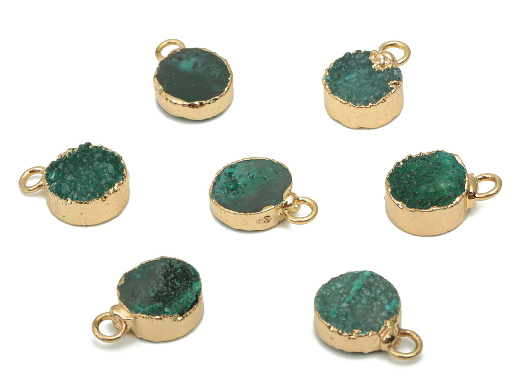 Green Druzy Quartz Crystal Earring Charms - Iron Loop Round Pendant - Natural Stone - Gold Tone Plated Iron – 14.51x10.51x4.41mm – NS1747A - DOMEDBAZAAR