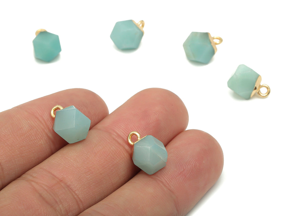 Amazonite Hexagon Earring Charms - Iron Hexagon Pendant - Faceted Natural Stone - Gold Tone Plated Iron – 11.56x7.96x7.96mm – NS1849A - DOMEDBAZAAR