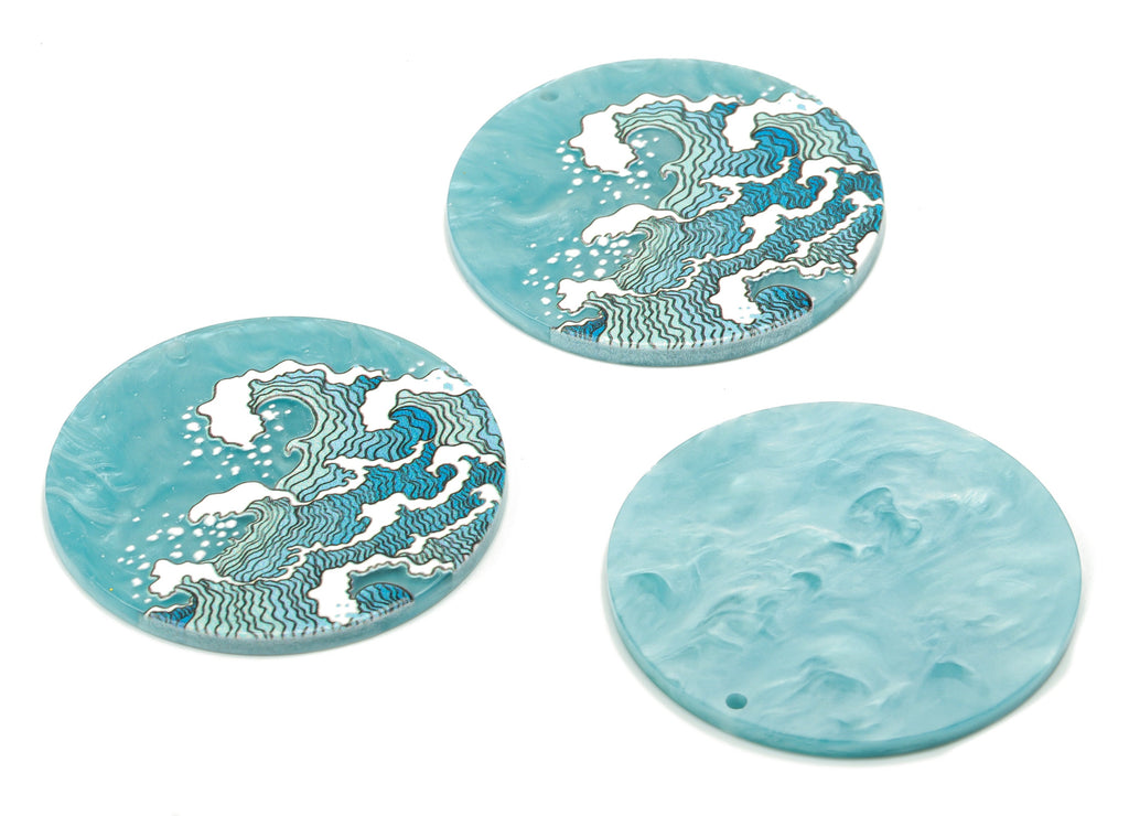 Acrylic Round Swallow Big Waves Charms - Acrylic Waves Circle Pendant - Printing Textured - Jewelry Supplies - 37.6x37.6x2.3mm - AC2477A - DOMEDBAZAAR