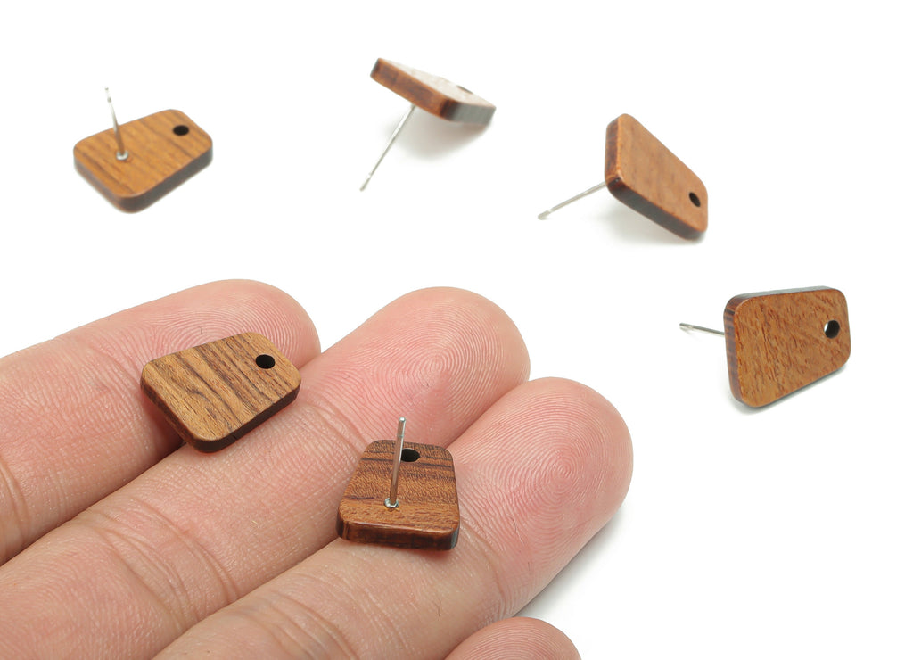Walnut Wood Trapezoid Earring Stud - Walnut Wood Trapezoid Post - 316 Surgical Stainless Steel - Jewelry Supplies - 14.1x11.8x2.5mm - BB1239 - DOMEDBAZAAR