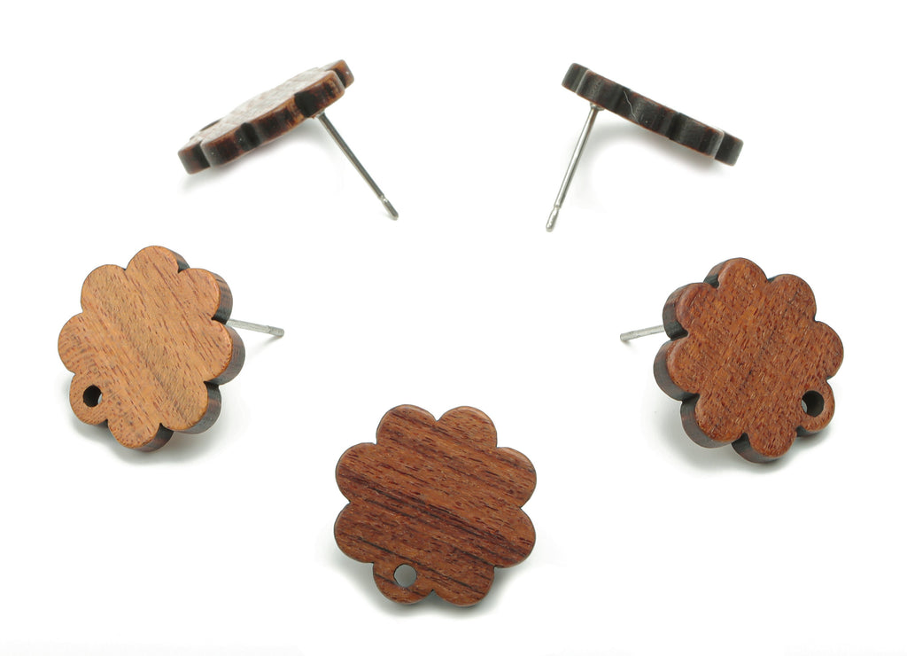 Walnut Wood Flower Earring Stud - Walnut Wood Flower Post - 316 Surgical Stainless Steel - Jewelry Supplies - 16.61x16.61x2.52mm - BB1241 - DOMEDBAZAAR