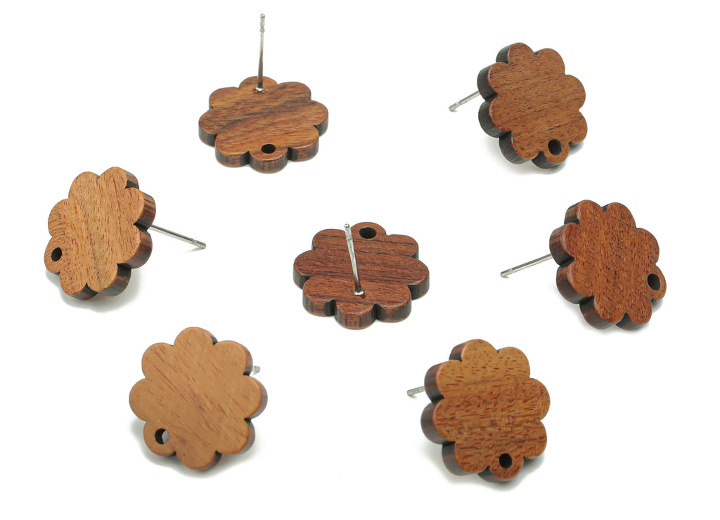 Walnut Wood Flower Earring Stud - Walnut Wood Flower Post - 316 Surgical Stainless Steel - Jewelry Supplies - 16.61x16.61x2.52mm - BB1241 - DOMEDBAZAAR