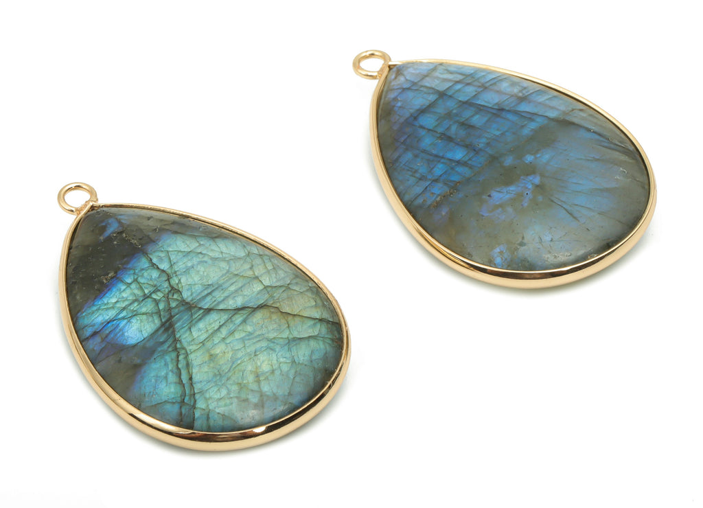 Labradorite Drop Earring Charms - Brass Teardrop Pendant - Natural Stone - Gold Tone Plated Brass – 40.73x26.23x7.56mm – NS1773A - DOMEDBAZAAR