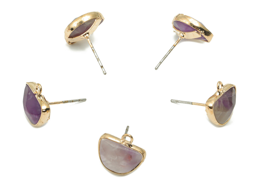 Gray Labradorite Semicircle Stud with Loop - Brass Domed Post - Gold Tone Plated Brass – 316 Stainless Steel Stud - 12.68x12x4.7mm – NS1600F - DOMEDBAZAAR