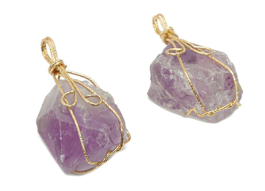 Amethyst Stone Earring Charms - Iron Wire Wrapped Stone Pendant - Natural Stone - Gold Tone Plated Iron – 48.55x22.89x21.54mm – NS1772A - DOMEDBAZAAR
