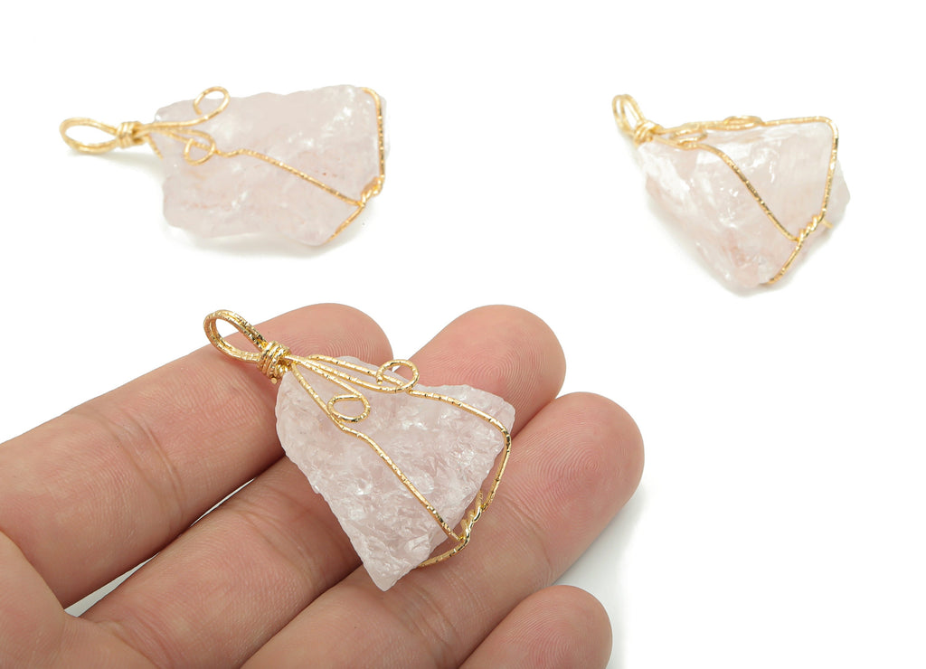 Rose Quartz Crystal Earring Charms - Iron Wire Wrapped Stone Pendant - Natural Stone - Gold Tone Plated Iron – 47.88x25.9x17.53mm – NS1772B - DOMEDBAZAAR