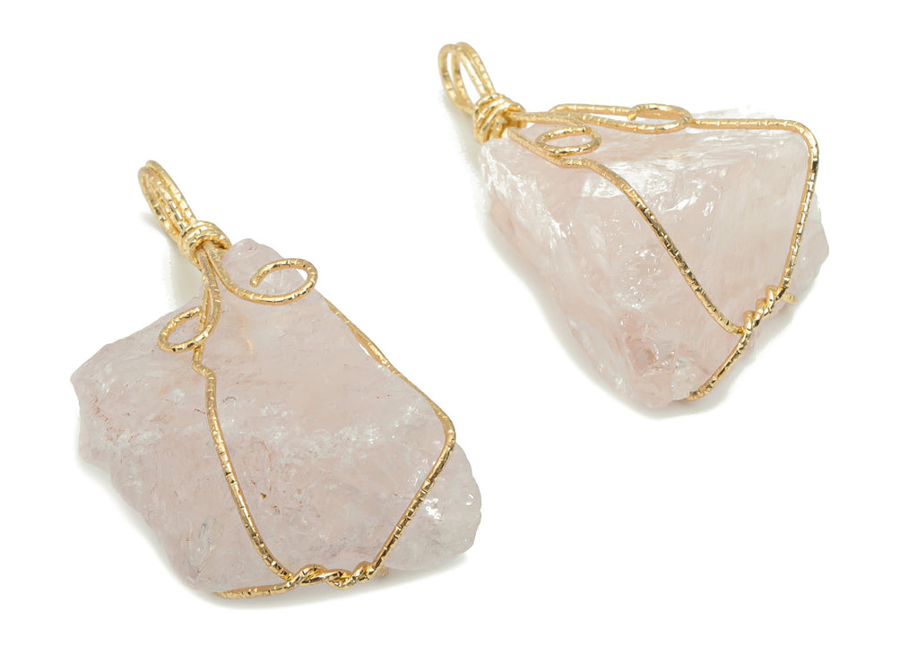 Rose Quartz Crystal Earring Charms - Iron Wire Wrapped Stone Pendant - Natural Stone - Gold Tone Plated Iron – 47.88x25.9x17.53mm – NS1772B - DOMEDBAZAAR