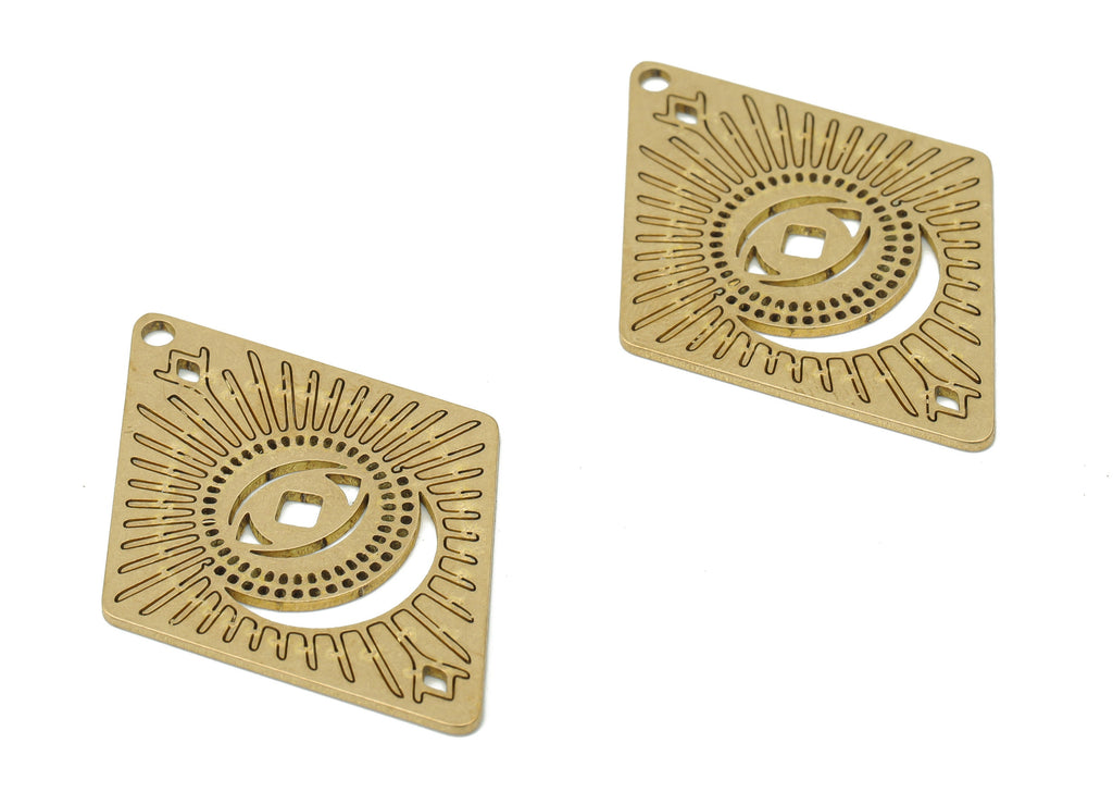 Brass Diamond Bubble Sun Earring Charms - Raw Brass Rhombic Eye Pendant - DIY Jewelry Making Supplies - 39.81x28.2x0.87mm - PPA3666 - DOMEDBAZAAR
