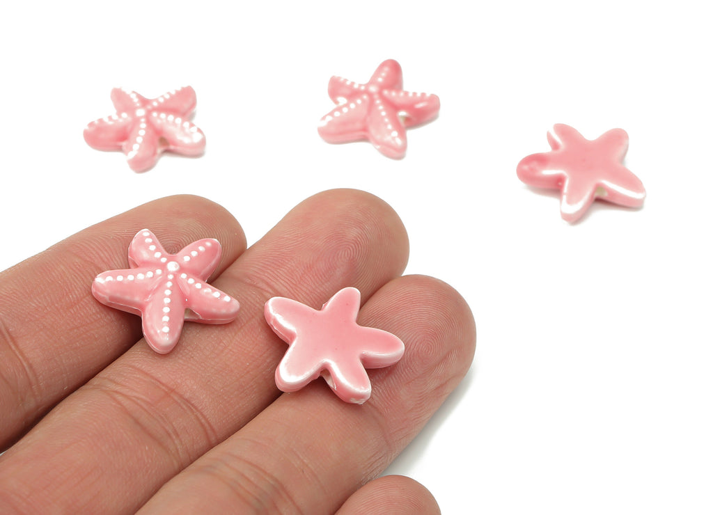 Glazed Ceramic Starfish Beads - Pink Carved Starfish Beads - Handmade Beads - Bracelet Beads - Connectors Beads - 17.8x17.8x5.84mm - NS1446E - DOMEDBAZAAR