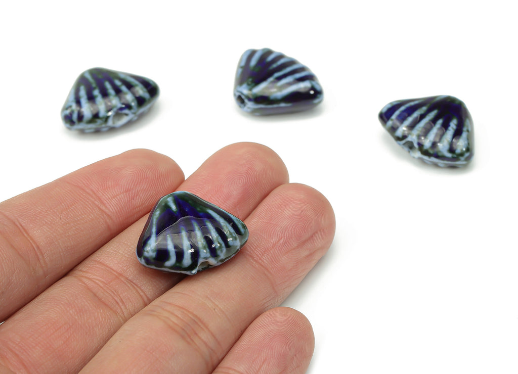 Glazed Ceramic Shell Beads - Carved Fan Beads - Handmade Beads - Bracelet Making Beads - Connectors Beads - 23.35x17.12x8.18mm - NS1806 - DOMEDBAZAAR