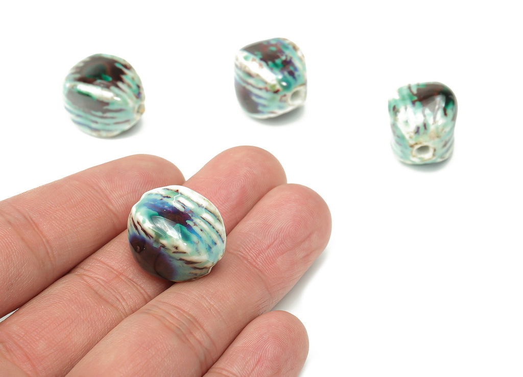 Glazed Ceramic Oval Beads - Carved Oval Beads - Handmade Beads - Bracelet Beads - Connectors Beads - 18.75x16.63x16.63mm - NS1791 - DOMEDBAZAAR