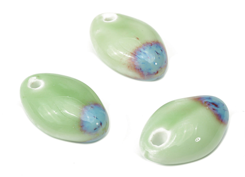 Glazed Ceramic Long Oval Beads - Carved Oval Beads - Handmade Beads - Bracelet Making Beads - Connectors Beads - 23.97x15.86x9.87mm - NS1782 - DOMEDBAZAAR