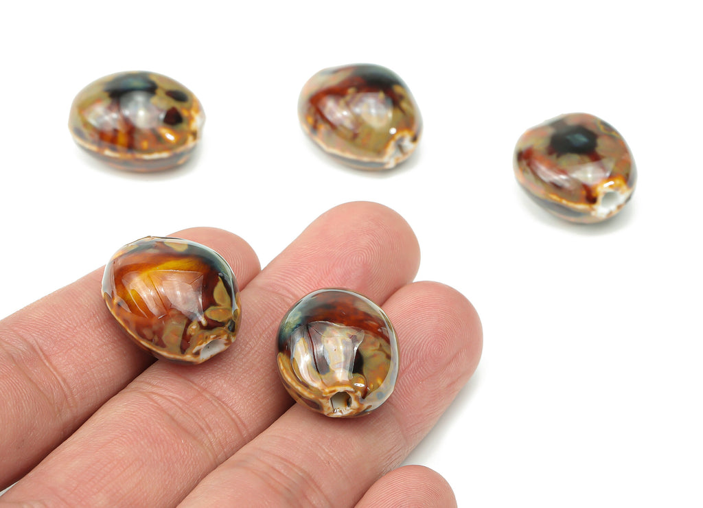 Glazed Ceramic Long Oval Beads - Carved Oval Beads - Handmade Beads - Bracelet Making Beads - Connectors Beads - 21.12x17.93x12.5mm - NS1809 - DOMEDBAZAAR