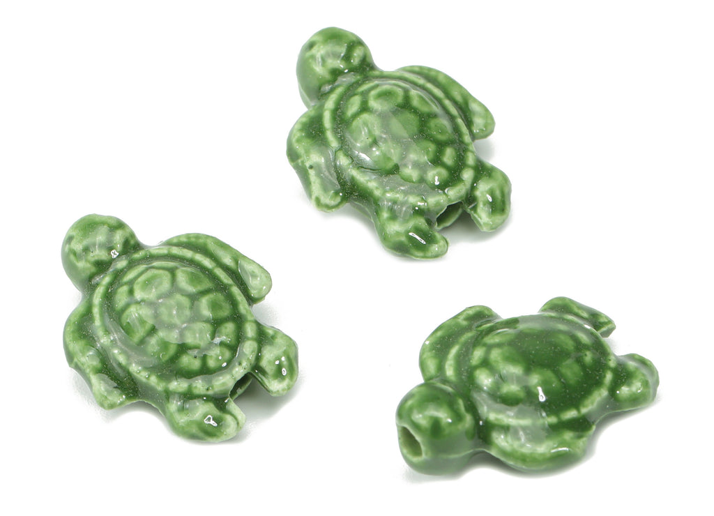 Glazed Ceramic Turtle Beads - Green Carved Turtle Beads - Handmade Beads - Bracelet Beads - Connectors Beads - 18.86x14.95x8.13mm - NS1836B - DOMEDBAZAAR