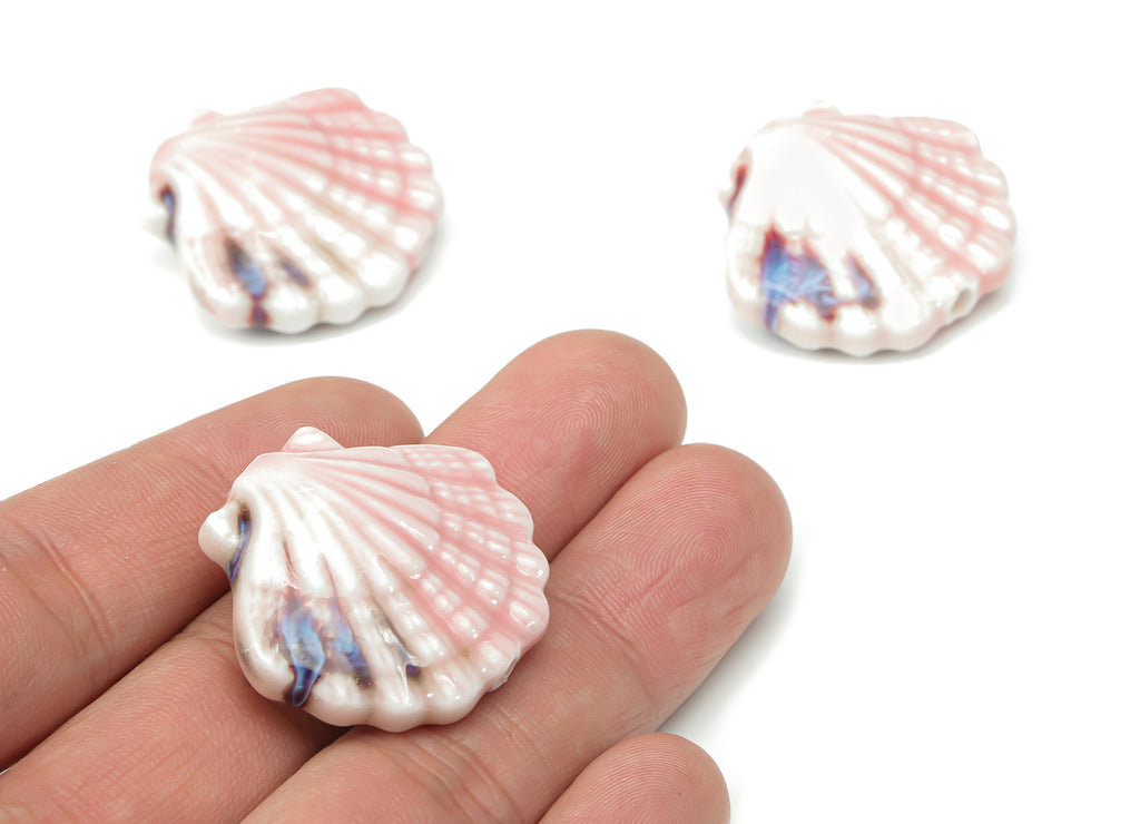 Glazed Ceramic Shell Beads - Carved Shell Beads - Handmade Beads - Bracelet Beads - Connectors Beads - 27.36x29.12x11.11mm - NS1824 - DOMEDBAZAAR