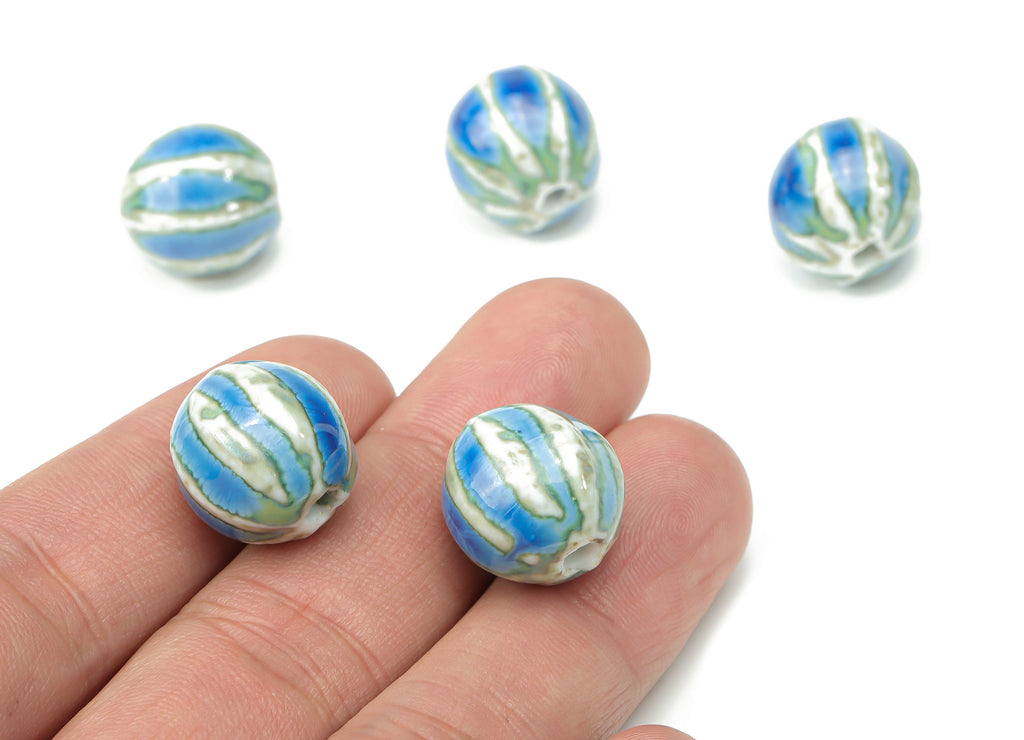 Glazed Ceramic Ball Beads - Carved Ball Beads - Handmade Beads - Bracelet Beads - Connectors Beads - 15.08x15.08x15.65mm - NS1775 - DOMEDBAZAAR