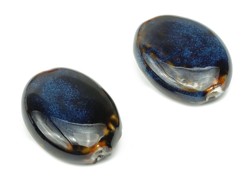 Glazed Ceramic Long Oval Beads - Carved Oval Beads - Handmade Beads - Bracelet Beads - Connectors Beads - 30.39x23.75x9.25mm - NS1787 - DOMEDBAZAAR