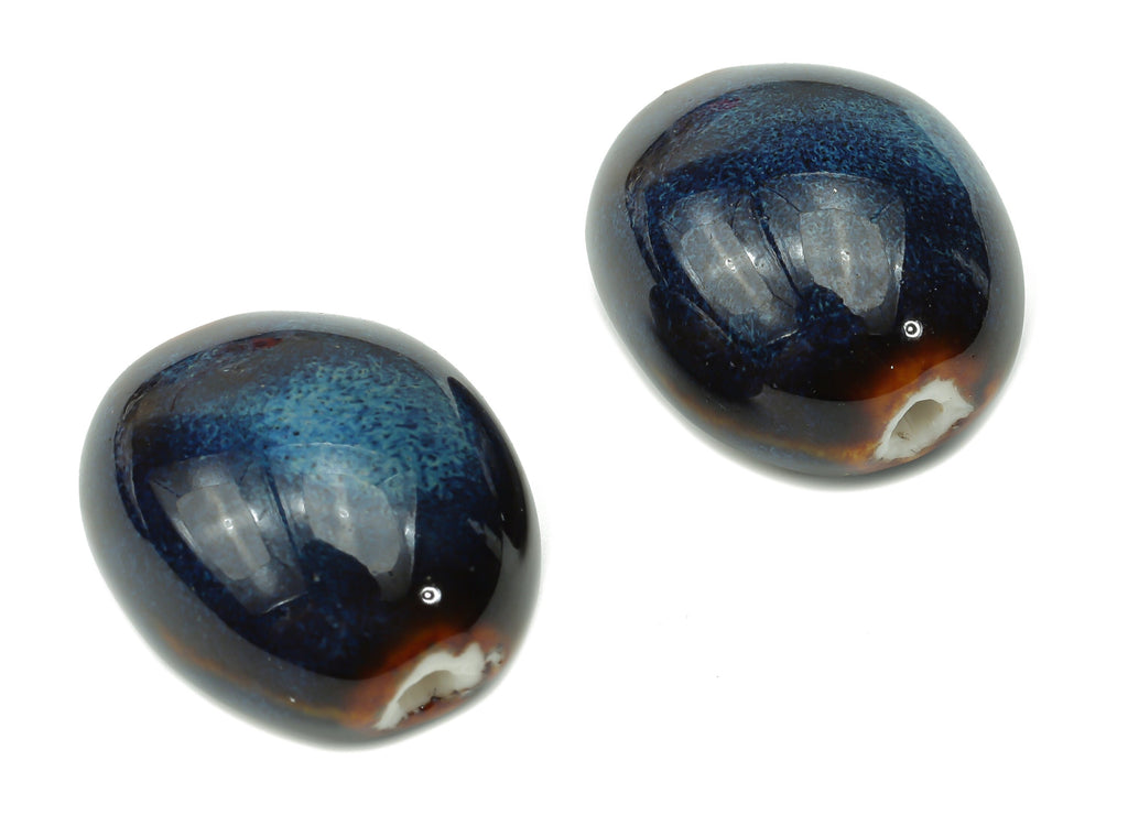 Glazed Ceramic Long Oval Beads - Carved Oval Beads - Handmade Beads - Bracelet Making Beads - Connectors Beads - 21.87x18.72x13.9mm - NS1811 - DOMEDBAZAAR