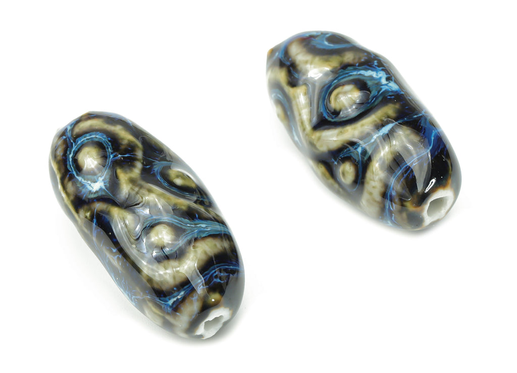 Glazed Ceramic Long Oval Beads - Carved Pattern Oval Beads - Handmade Connectors Beads - Bracelet Making Beads - 35x16.13x16.13mm - NS1810 - DOMEDBAZAAR