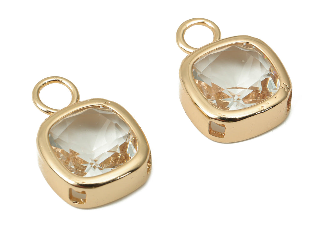 Glass Square Earring Charms with Loop - Brass Square Frame Pendant - Gold Tone Plated Brass - Faceted Glass - 17x12.03x5.08mm - GS1123F - DOMEDBAZAAR